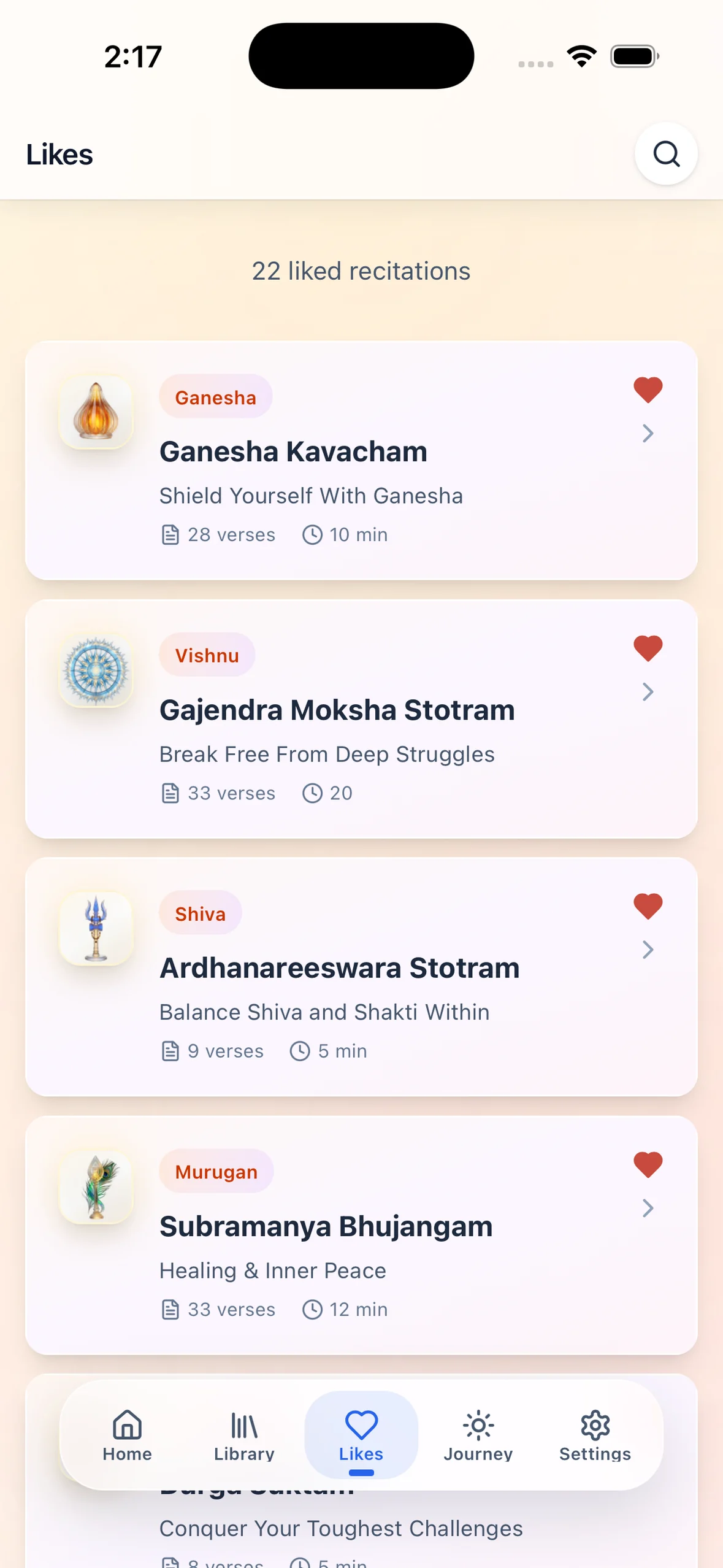Arise likes screen listing saved recitations across deities