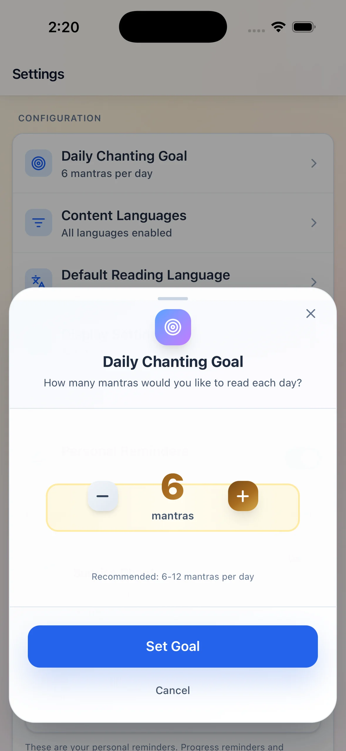 Arise daily chanting goal settings with quick goal options