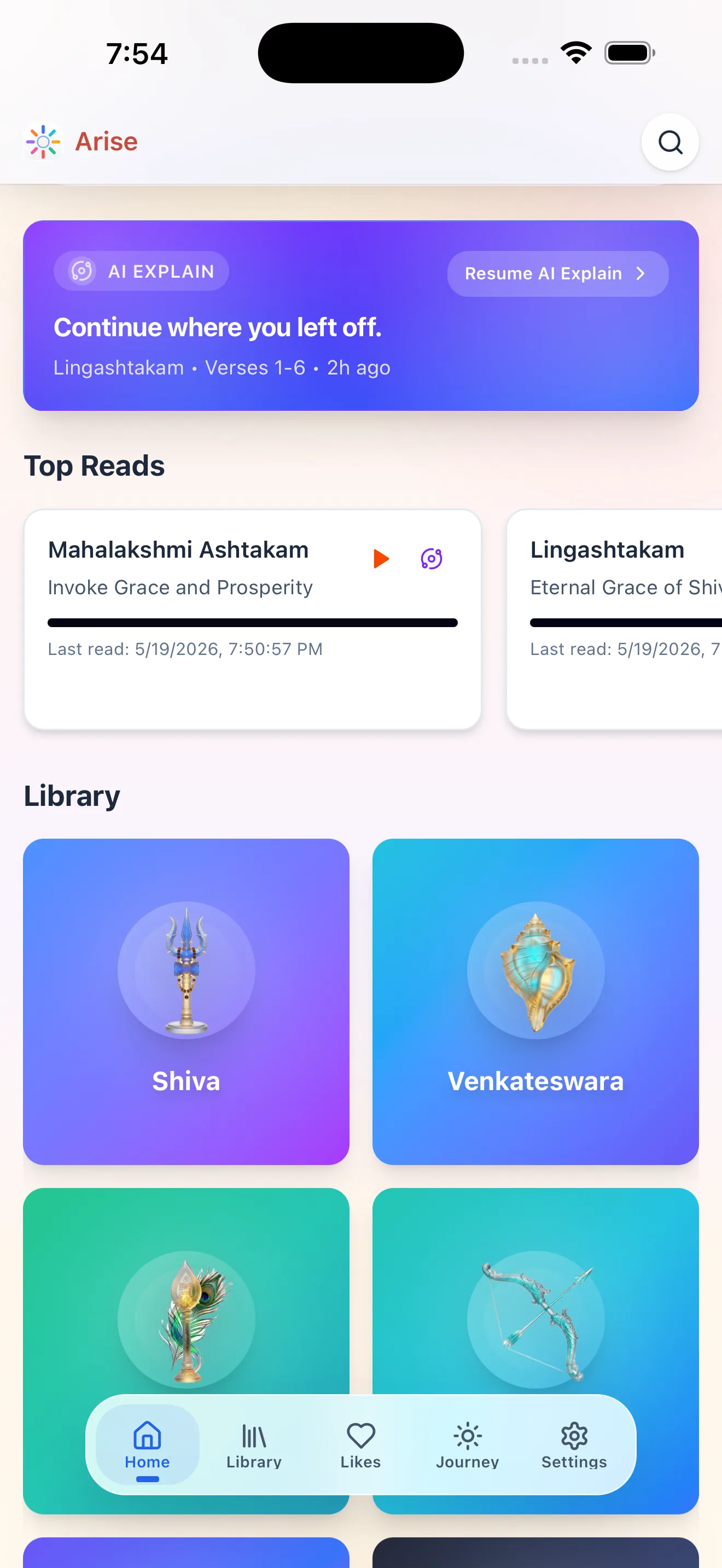 Arise home screen showing welcome, streak, and AI insight cards