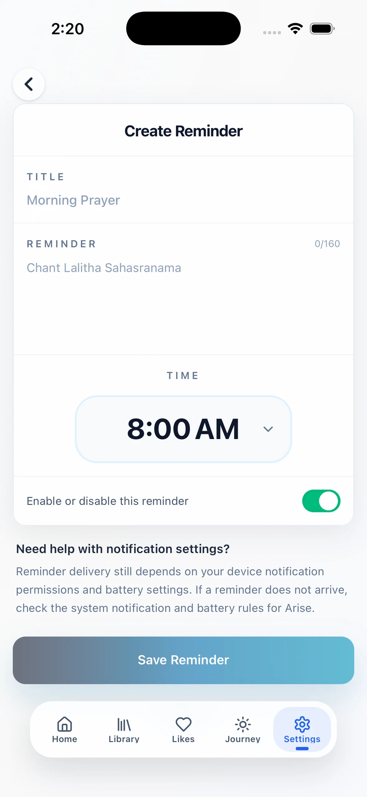 Arise create reminder screen with time and notification settings