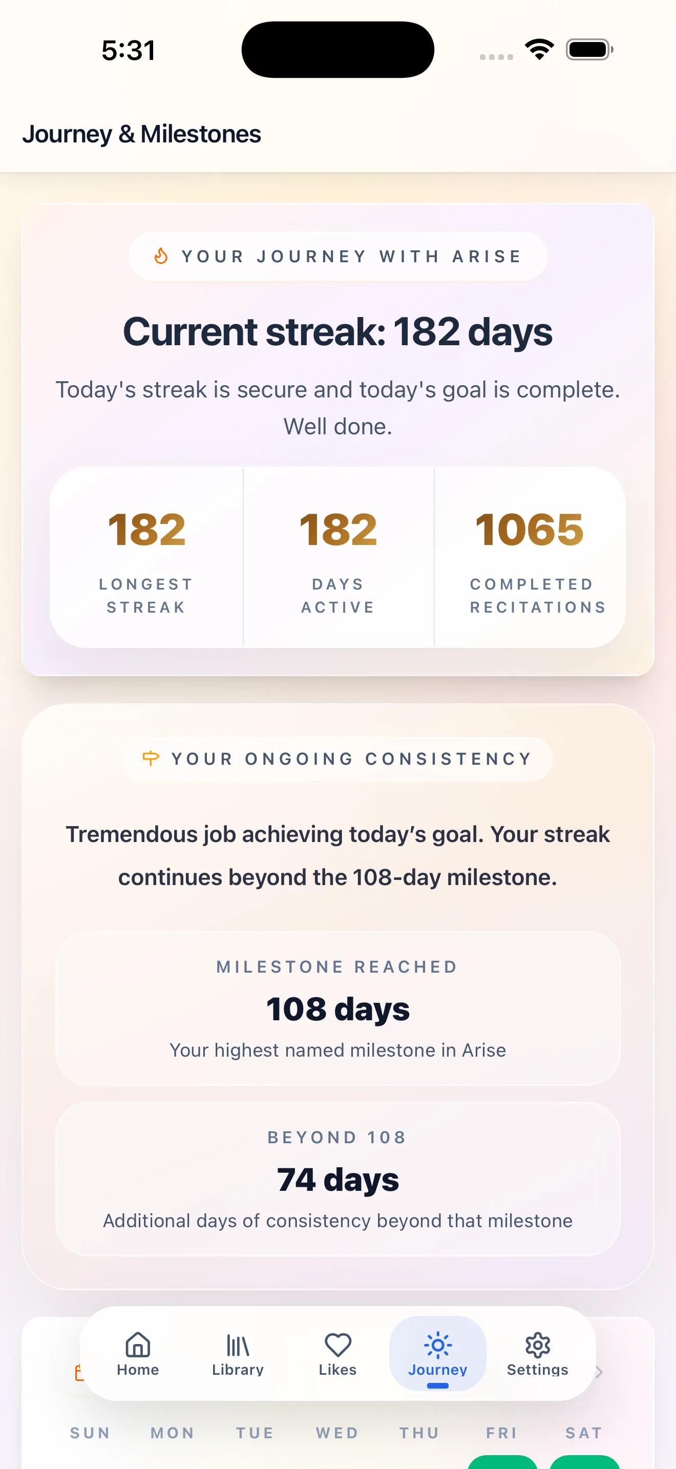 Arise journey and milestones screen showing a 182-day streak
