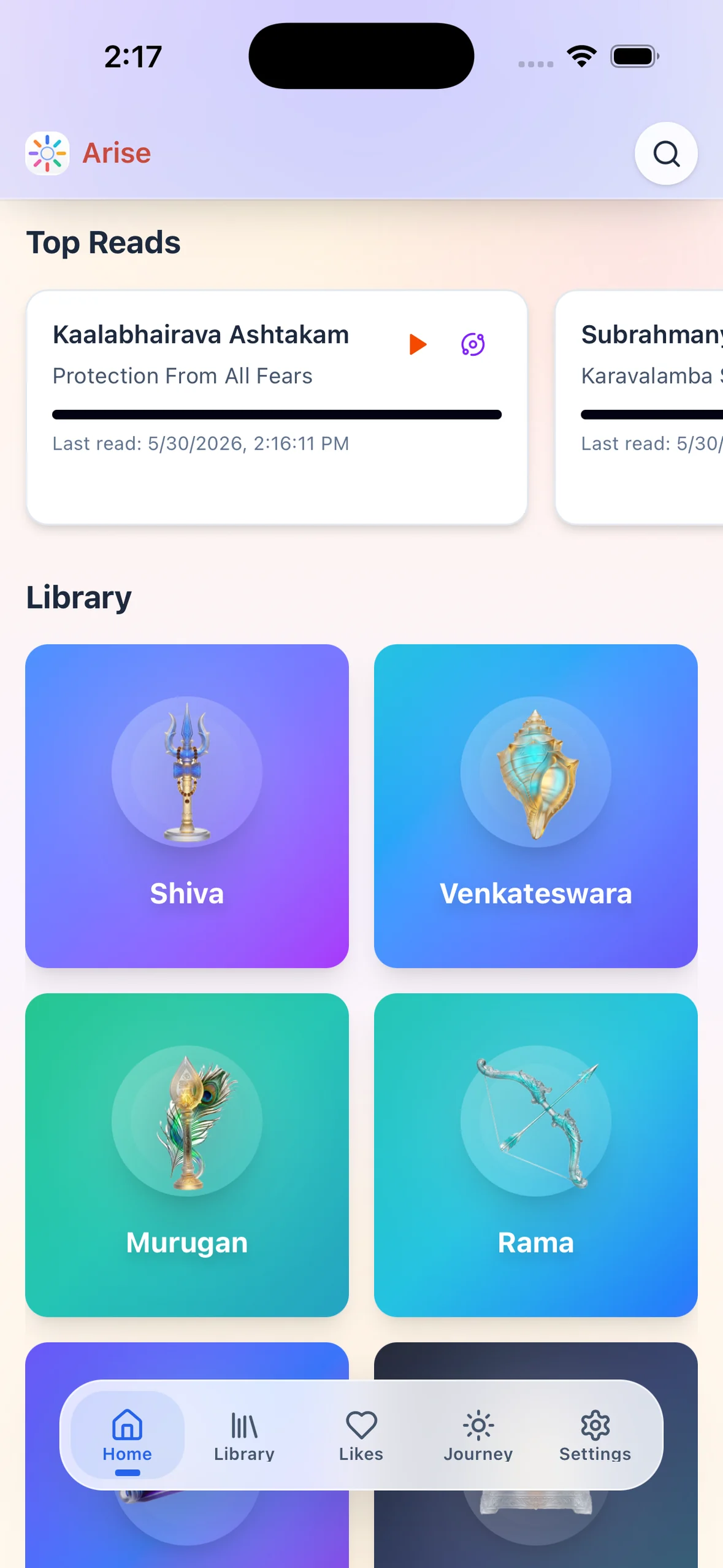 Arise home screen showing top reads and library cards