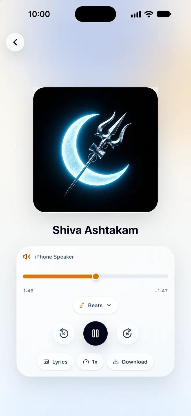 Arise Listen player playing Shiva Ashtakam with listening style, playback, lyrics, and download controls